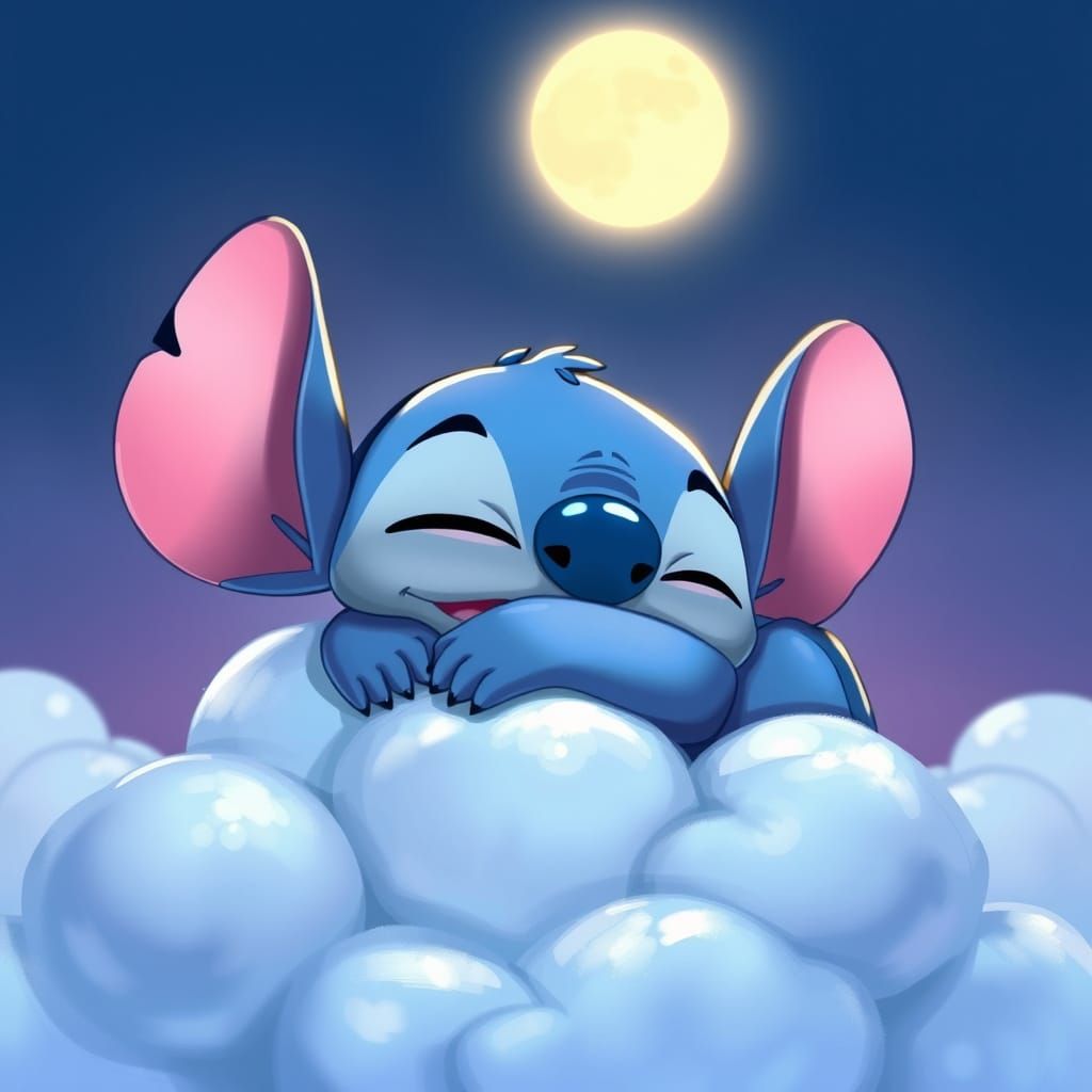 Stitch Asleep on a Cloud in Dreamy Moonlight