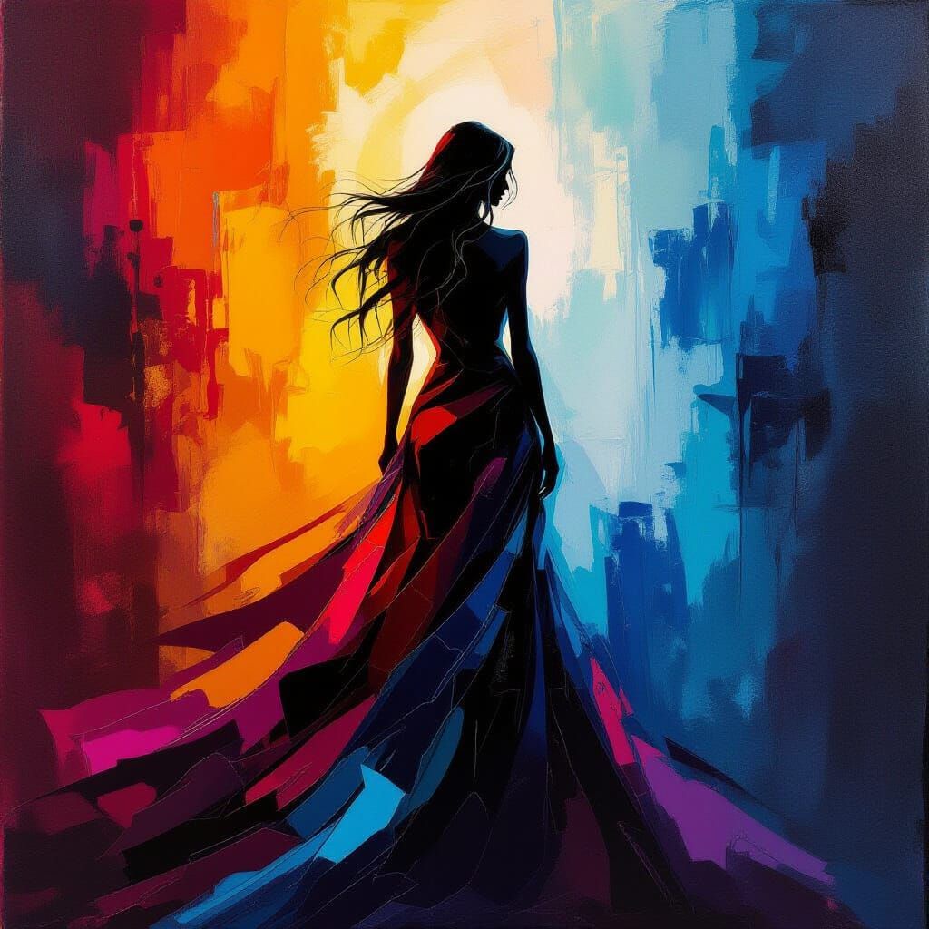 Goddess Silhouette in Abstract Expressionist Oil Painting