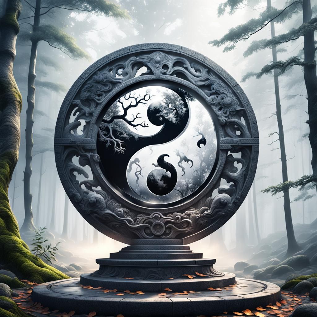 Mystical Yin Yang in Misty Forest: Digital Art
