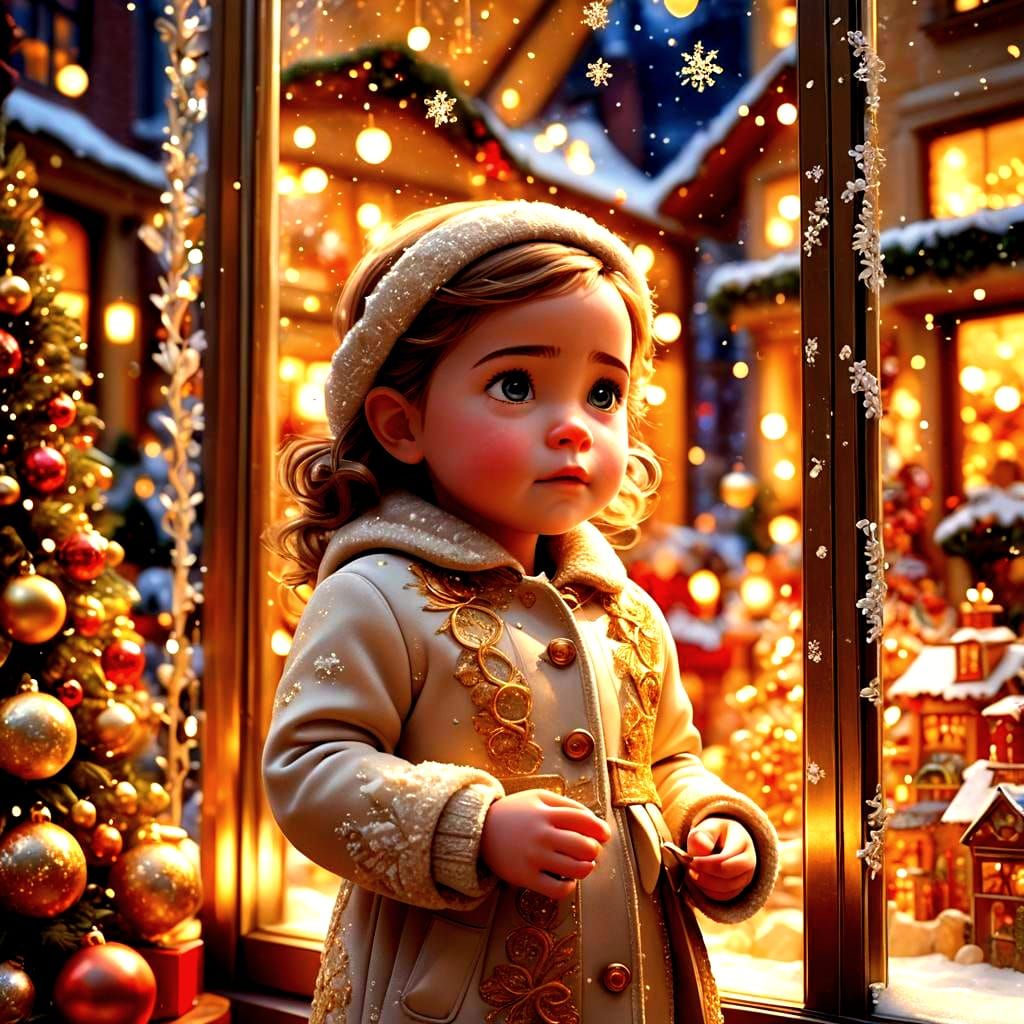 Pixar-Style Baby Girl Gazing at Christmas Shop