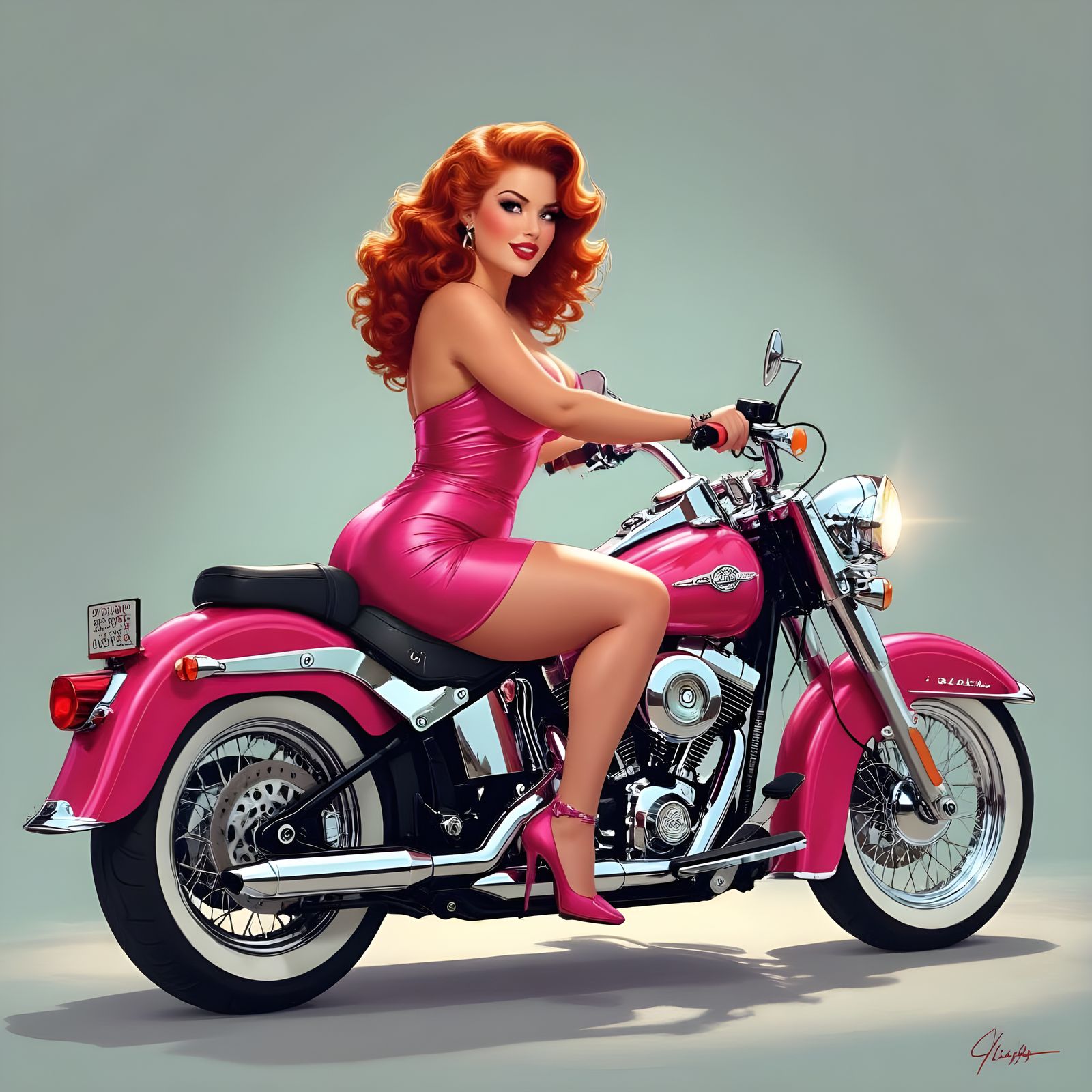 Voluptuous Woman Rides Harley Davidson in Pink Skirt