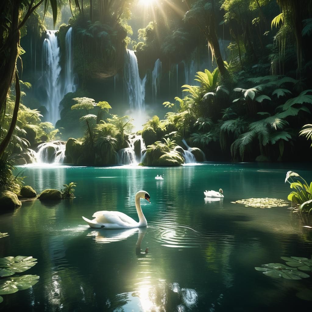 Swan Glides on Lagoon in Cinematic Jungle Scene