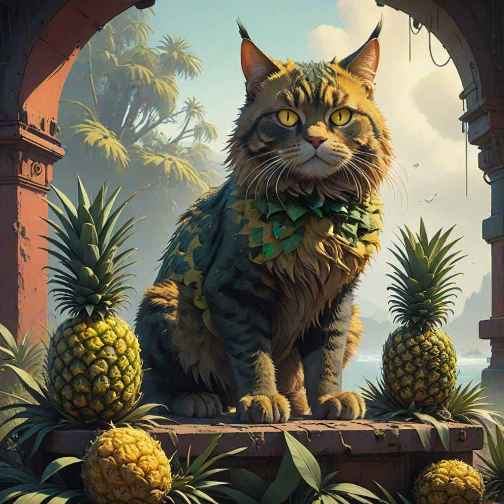 Regal Pineapple Cat on Pedestal