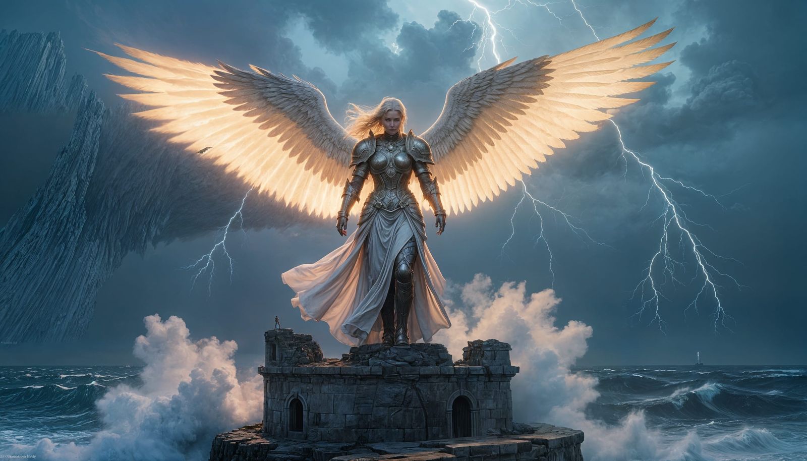 Angel Overlooking Stormy Sea in Gritty Realism