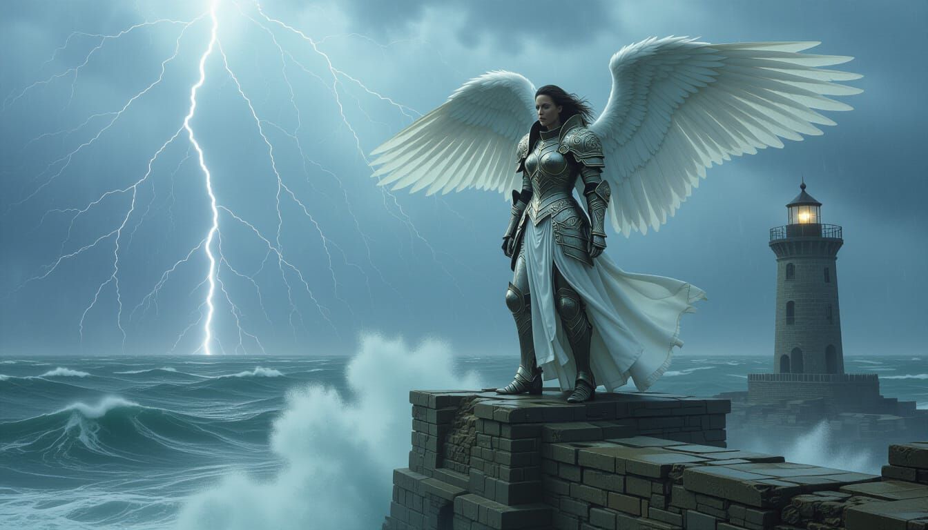 Angel Overlooking Stormy Sea as Gritty Realism Art