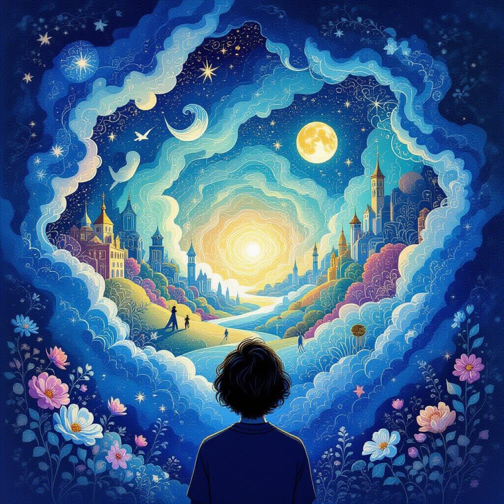 Dreamlike Inner World Illustration in Antique Etching Style