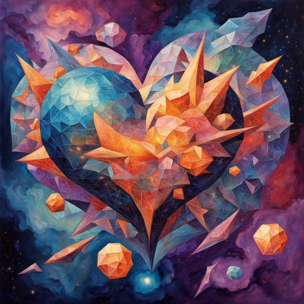 Radiant Geometric Heart in Nebula: Cosmic Surrealism