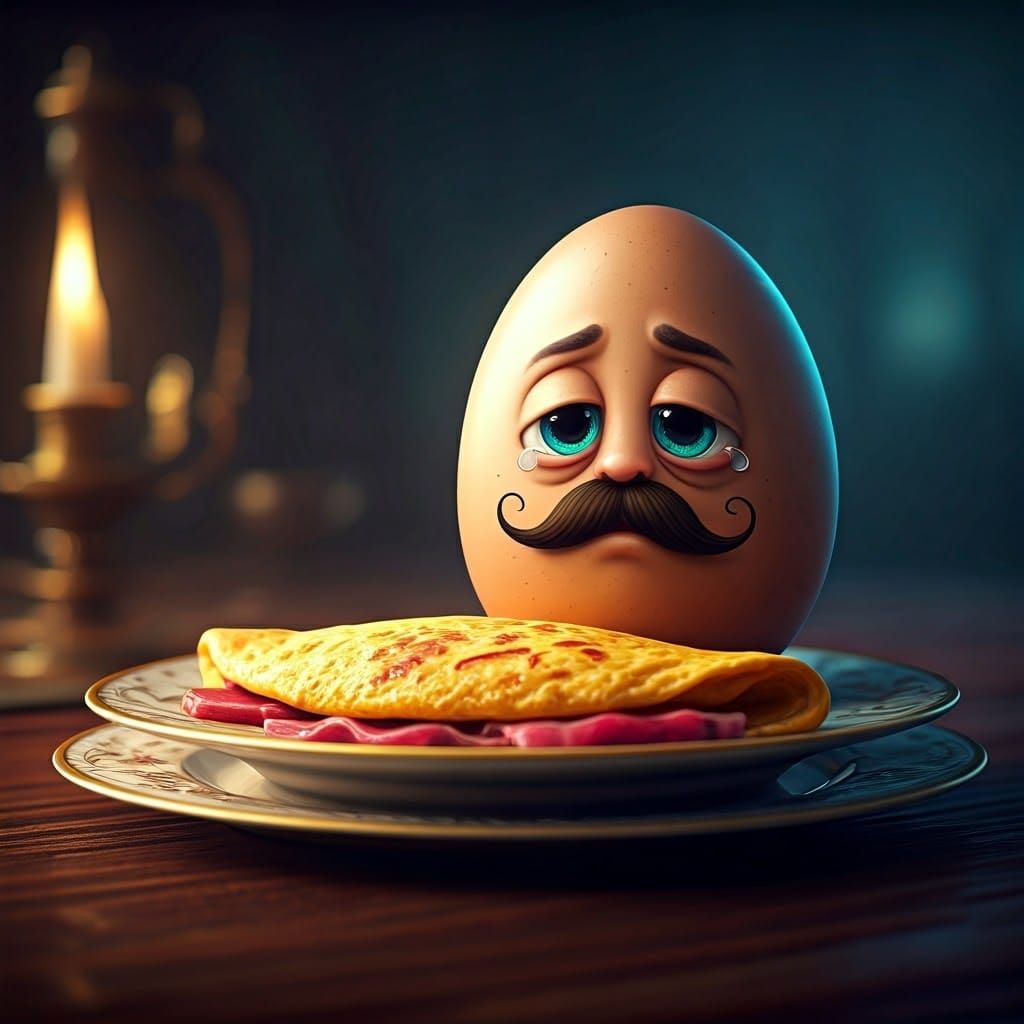 Sad Anthropomorphic Egg Beside Omelette, Detailed Digital Ar...