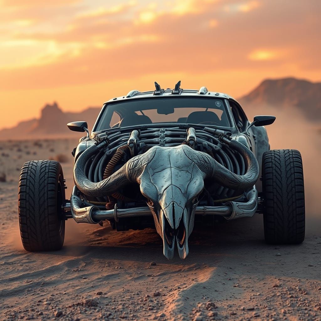 Mad Max Inspired Skeleton Car in Dark Fantasy Style