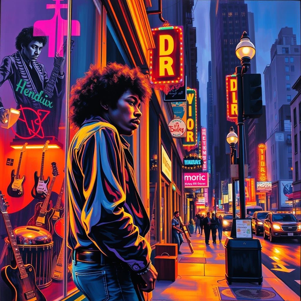 Jimi Hendrix Gazes at Reflection in NYC Music Store Window