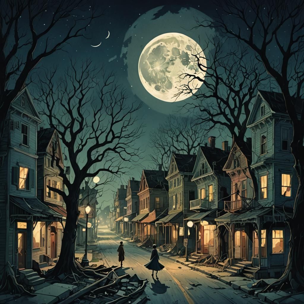 Mystical Deserted Town Under Moonlight, as Digital Art