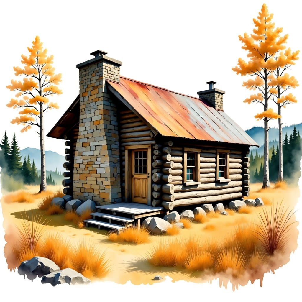 Rustic Log Cabin in Autumnal Watercolor