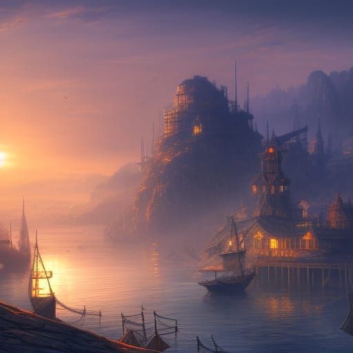 Sunrise Harbor: Detailed Matte Painting in Deep Color