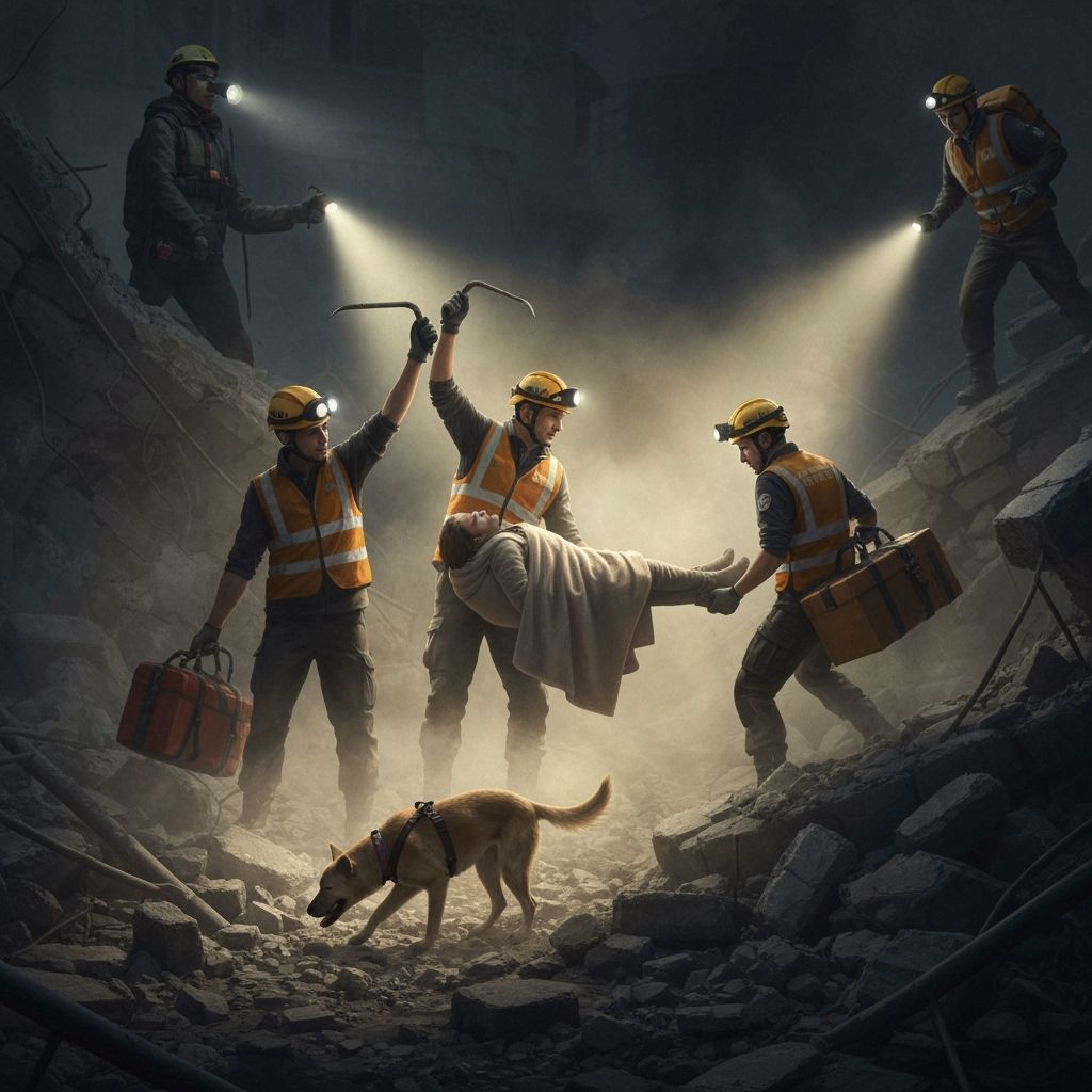 Earthquake Rescue: Workers Search Rubble at Dusk