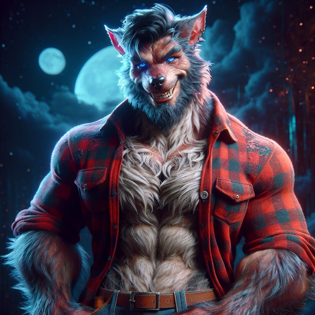 Werewolf With Goatee Smiles In Red Flannel Shirt