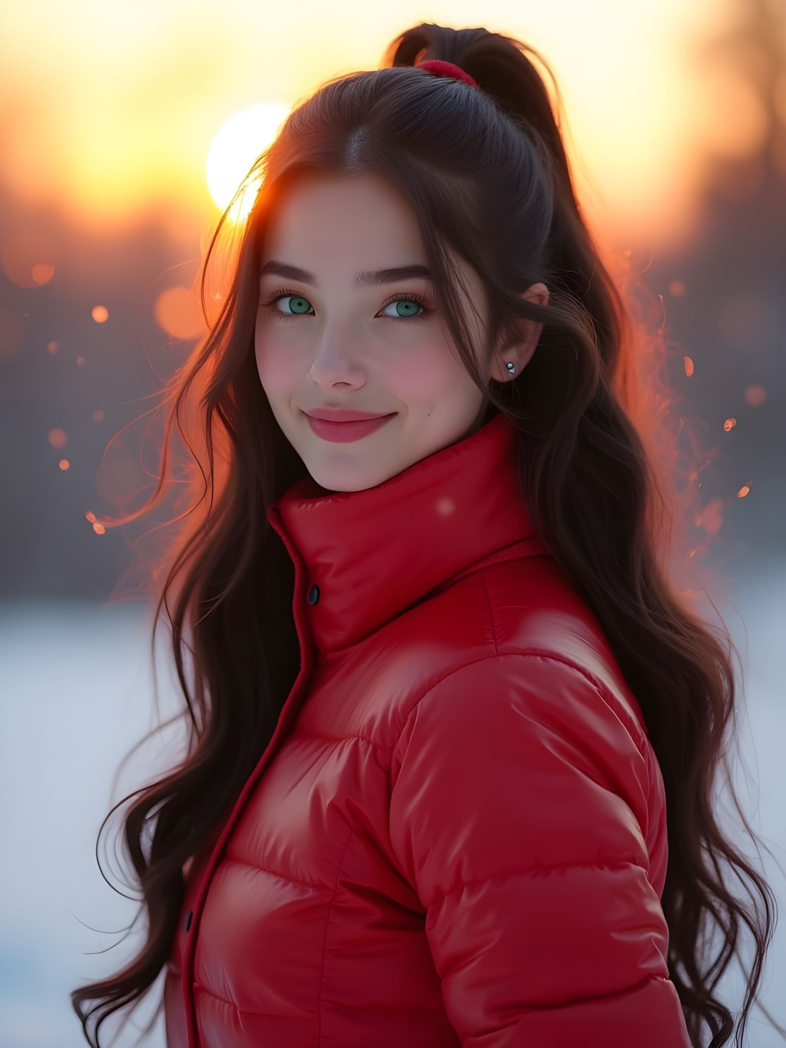 Surreal Winter Athlete in Shimmering Red Ski Suit