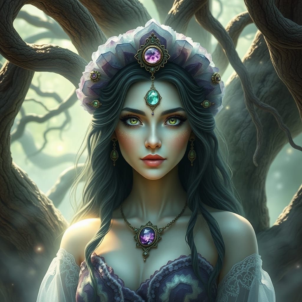 Ethereal Goddess Radiates Calm Amidst Ancient Trees in Soft ...