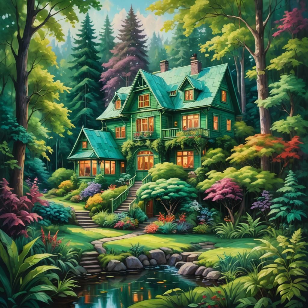 Lush Forest House in Oil Painting Style