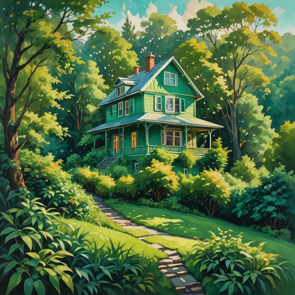 Lush House on Green Hill as Oil Painting