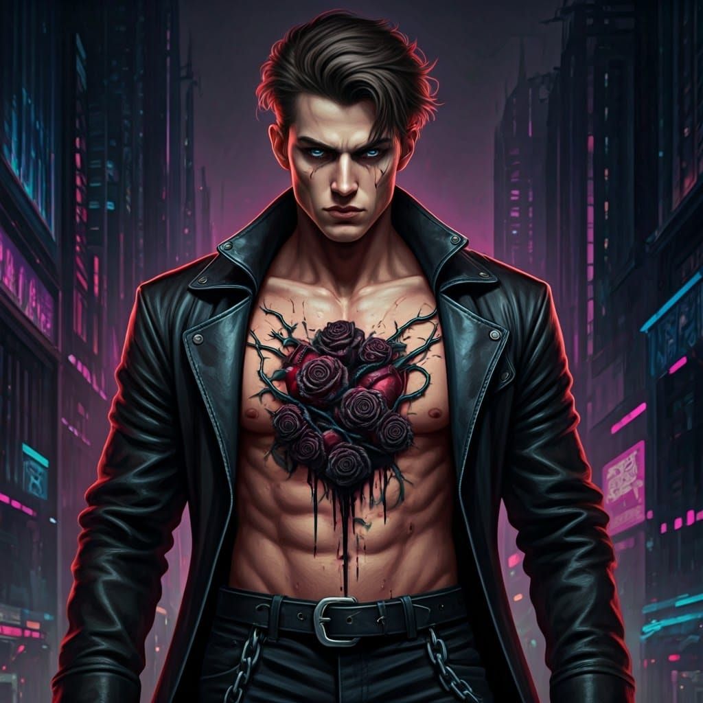Gothic Punk Youth with Heart of Black Roses in Neon-Lit Dyst...