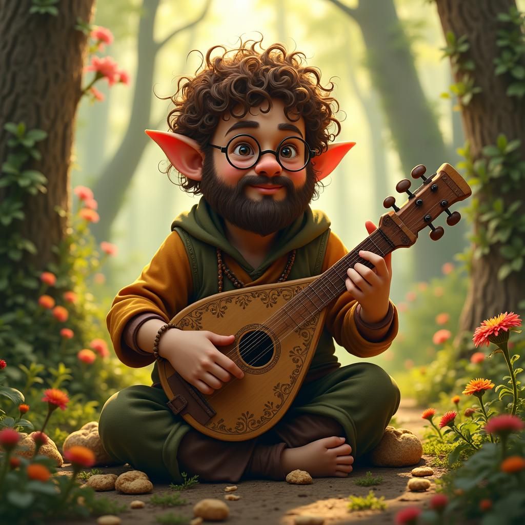 Halfling Bard in Lush Forest, Fantasy Concept Art