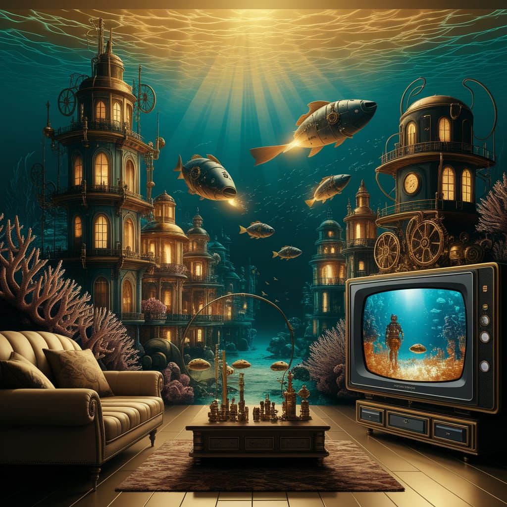 Underwater Steampunk Metropolis on Vintage TV Screen