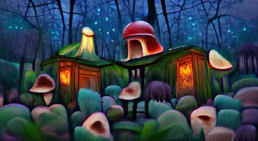 Magical Mushroom House in Forest at Night