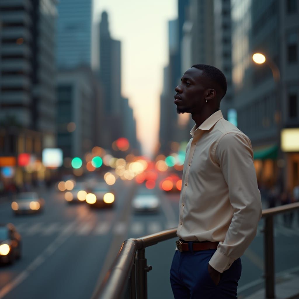 Contemplative Man Gazing at Futuristic Cityscape