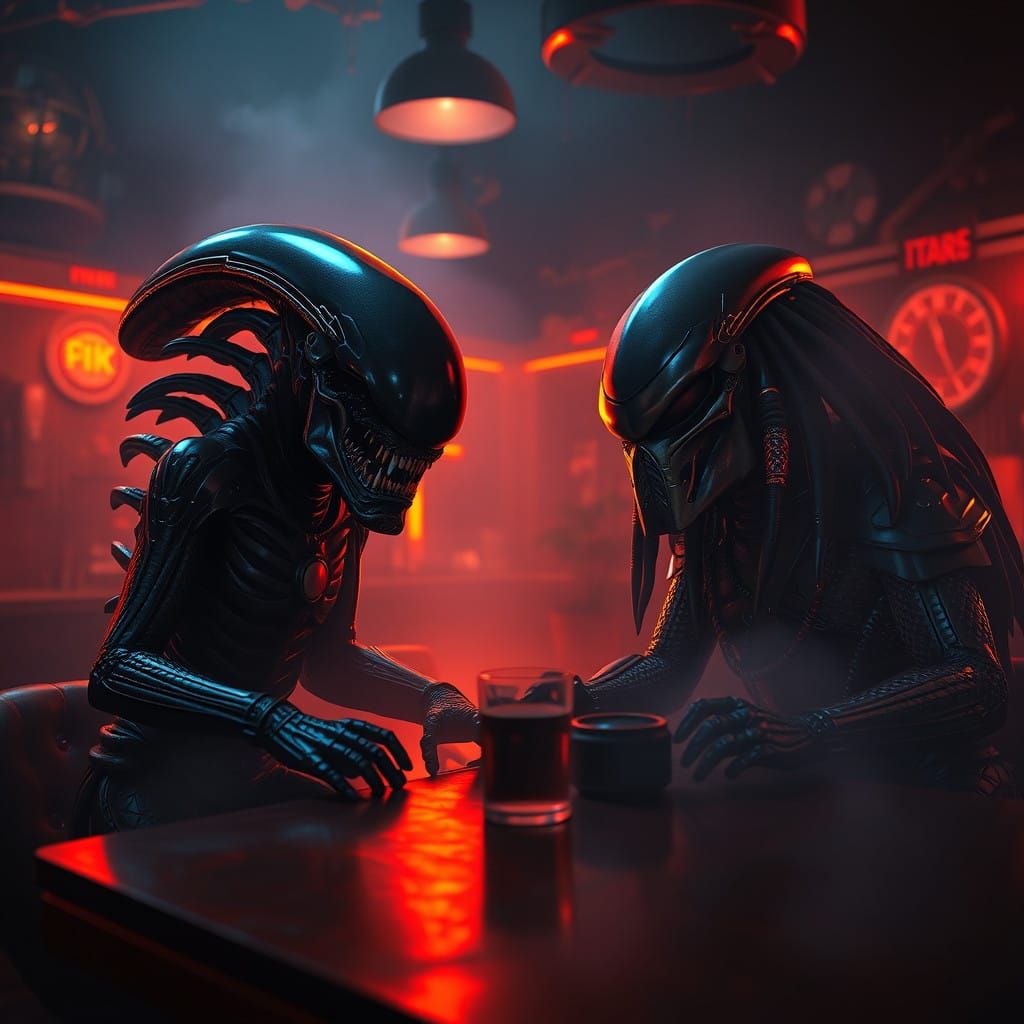 Eerie Bar Scene: Xenomorph and Predator in Dark, Futuristic...