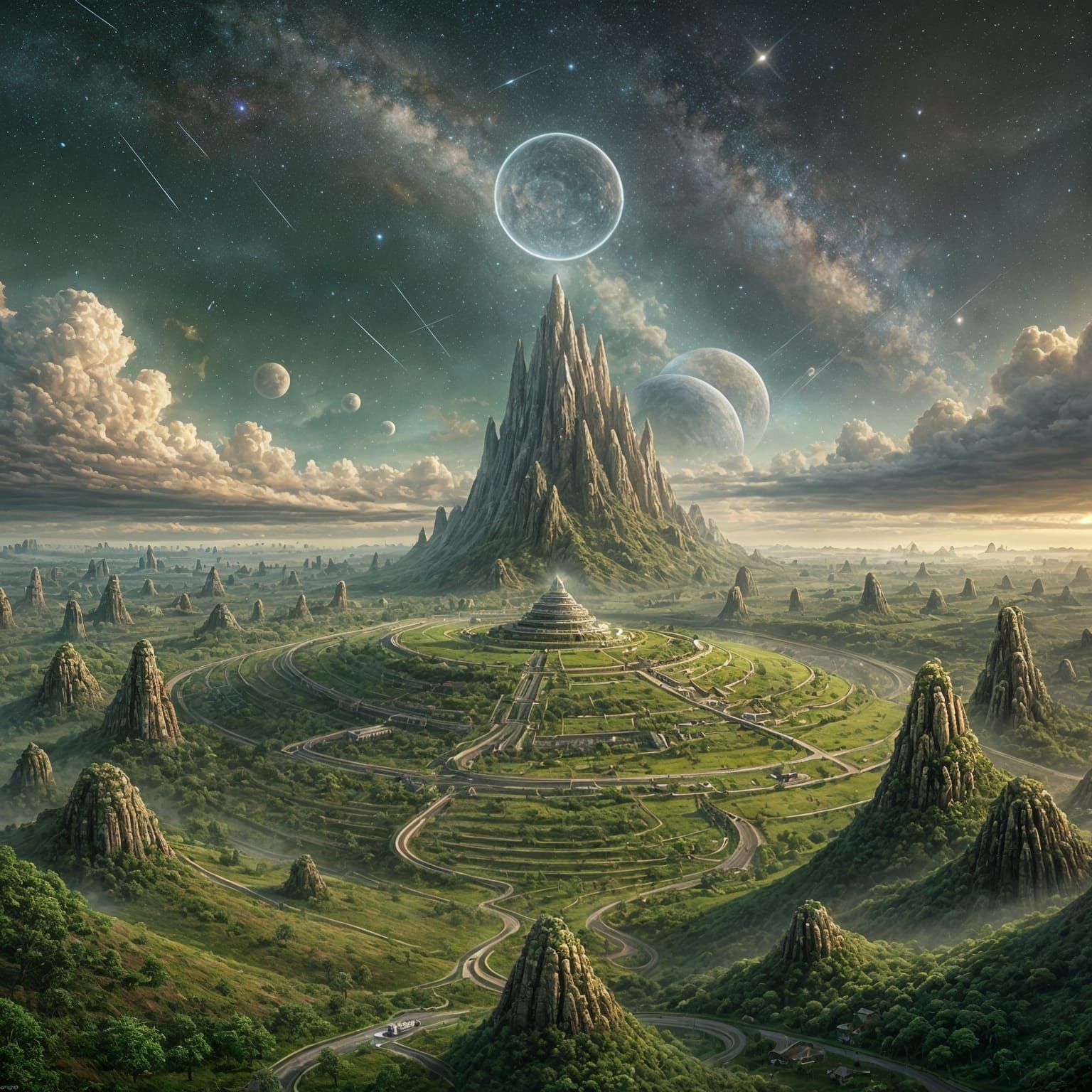 Ethereal Savanna with Conical Mountain and Celestial Window