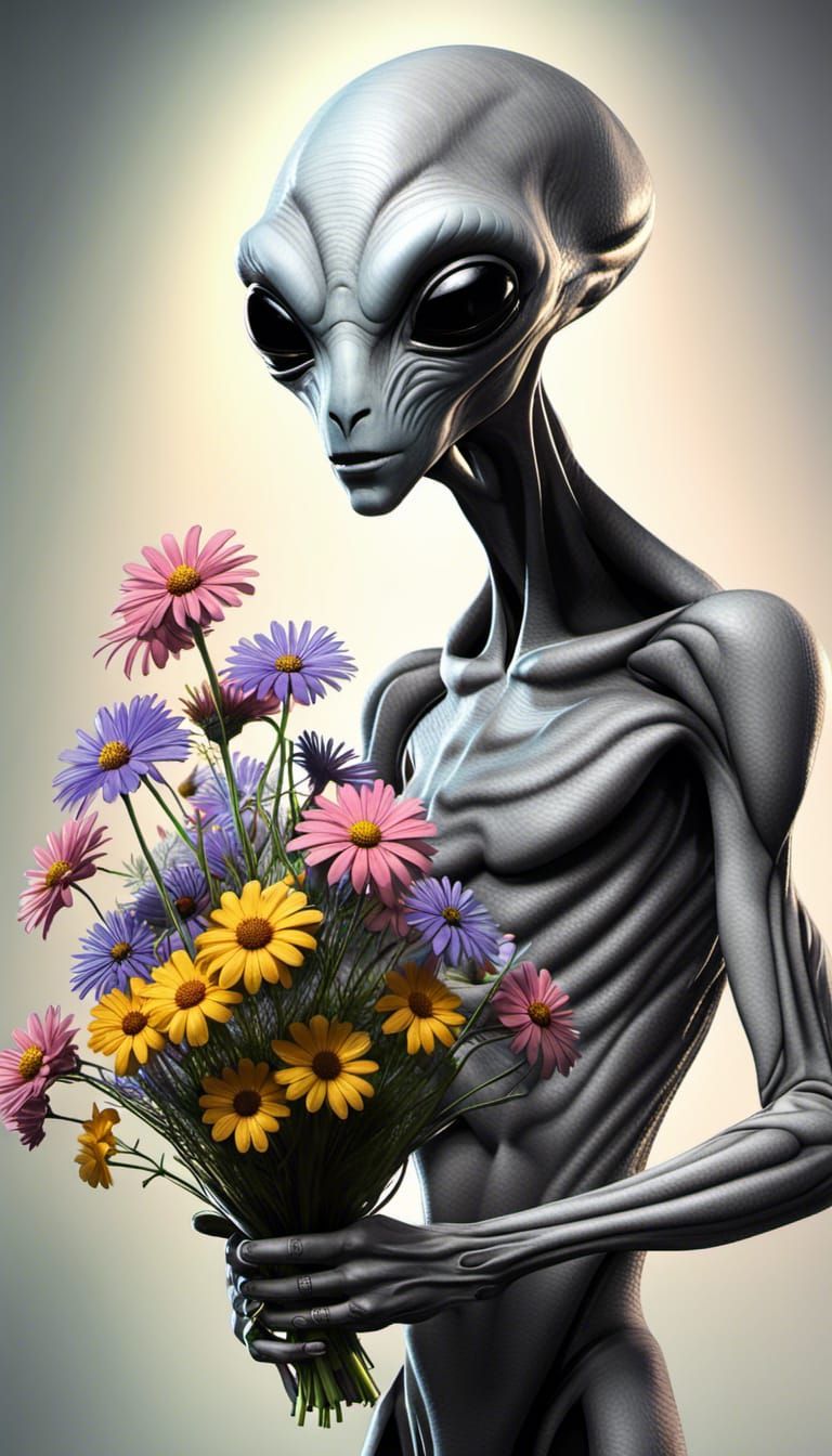 Grey Alien Holding Wildflower Bouquet: Realistic Detail