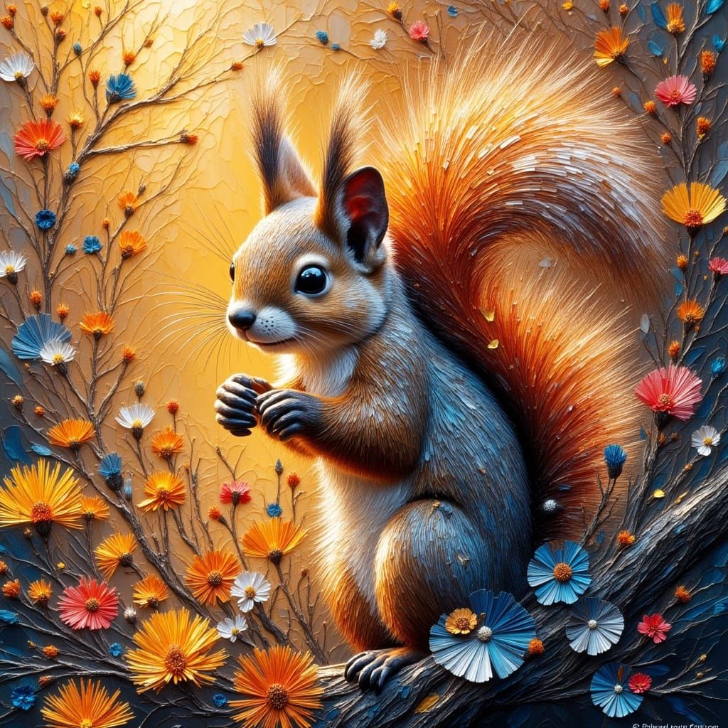 Vibrant, hyper-realistic  fluffy squirrel, its fur a tangled mess of soft, feathery textures