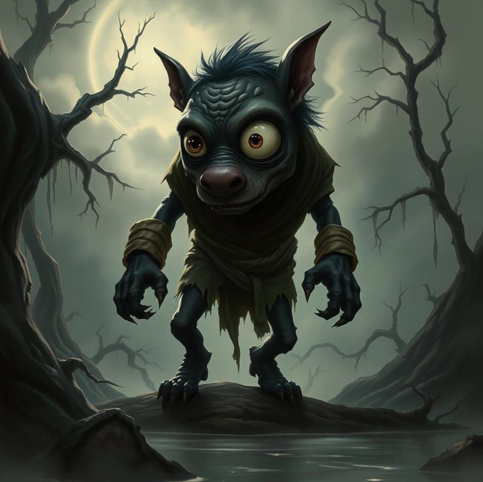 Eerie Crying Creature in Misty Forest Illustration