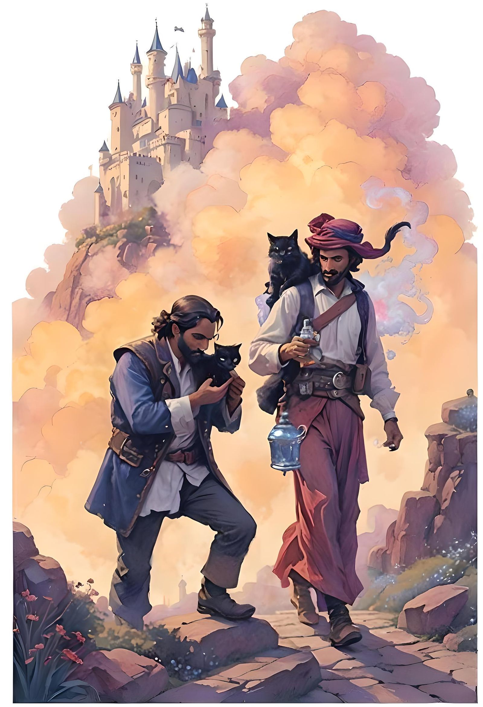 Arabian Man with Cat and Genie Smoke, Fantasy Castle