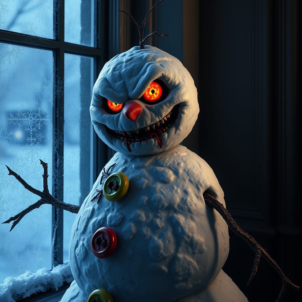 Sinister Snowman Watches Outside with Unsettling Intensity