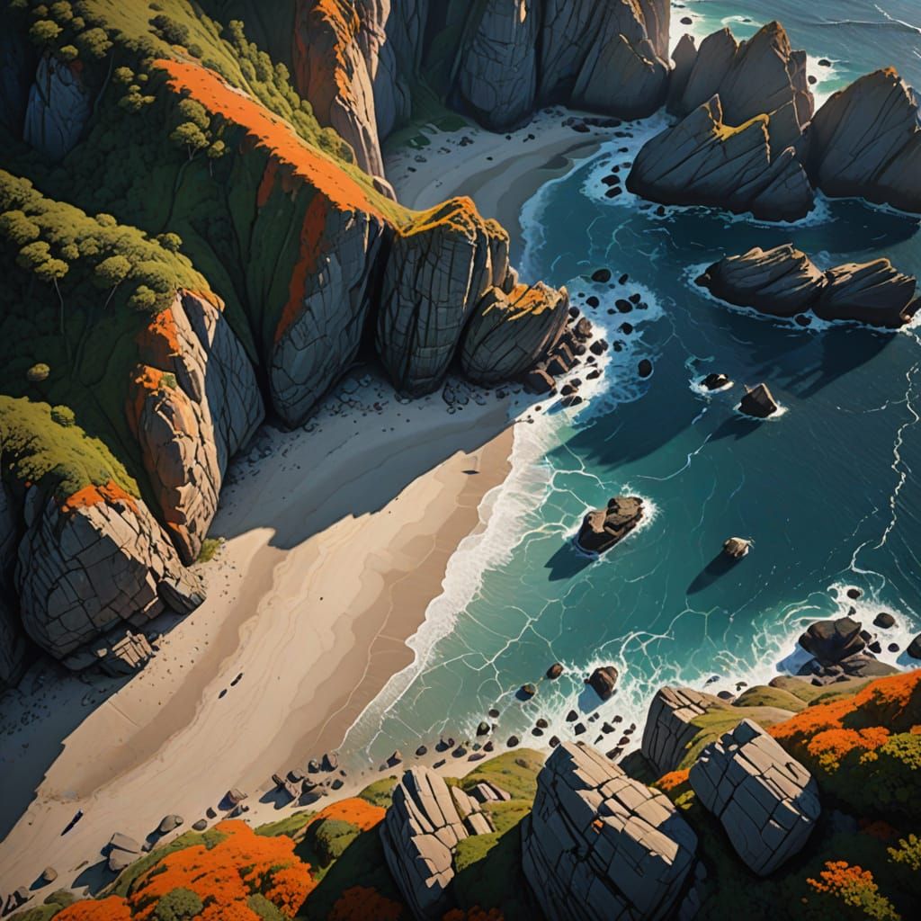 Epic Cliffside Beachscape in Vibrant Oranges and Blues