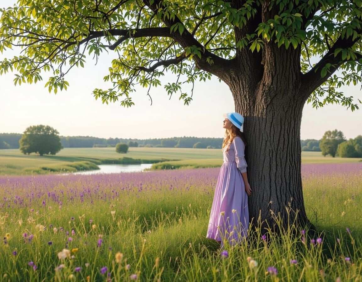 Pastel Meadow Scene with Woman and Tree