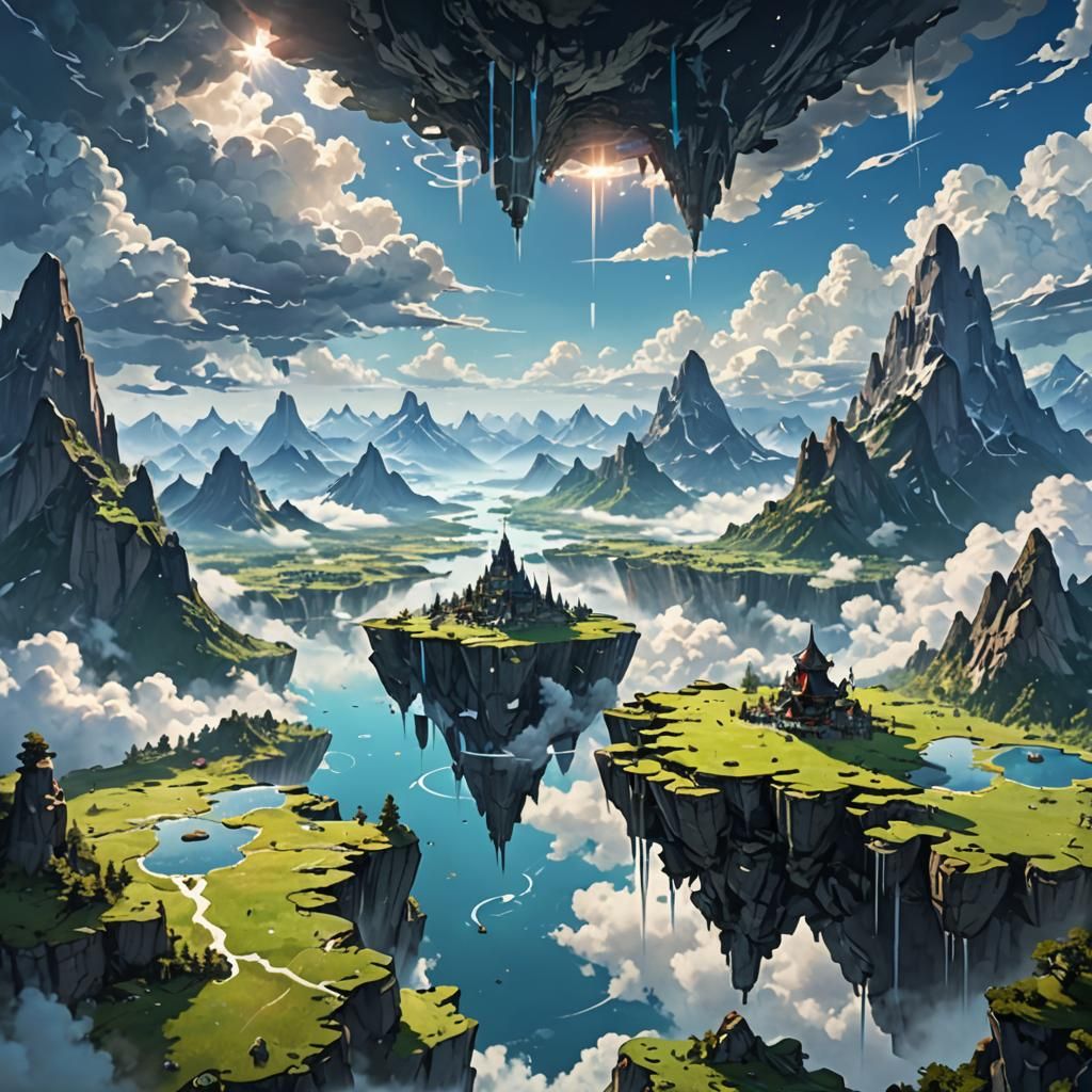 Floating Fantasy Islands in Anime Style