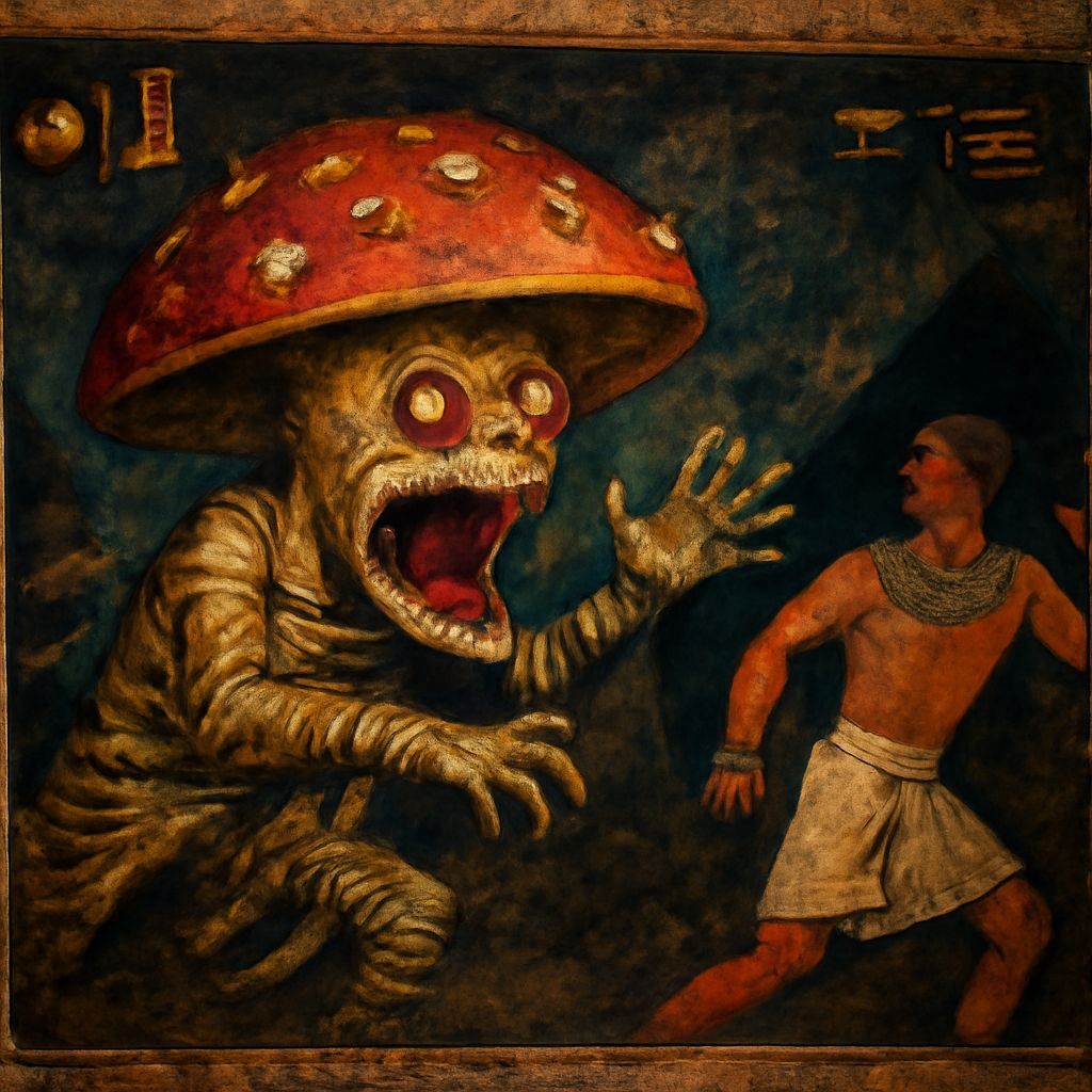 Egyptian Mummy Mushroom in Ancient Tomb Painting
