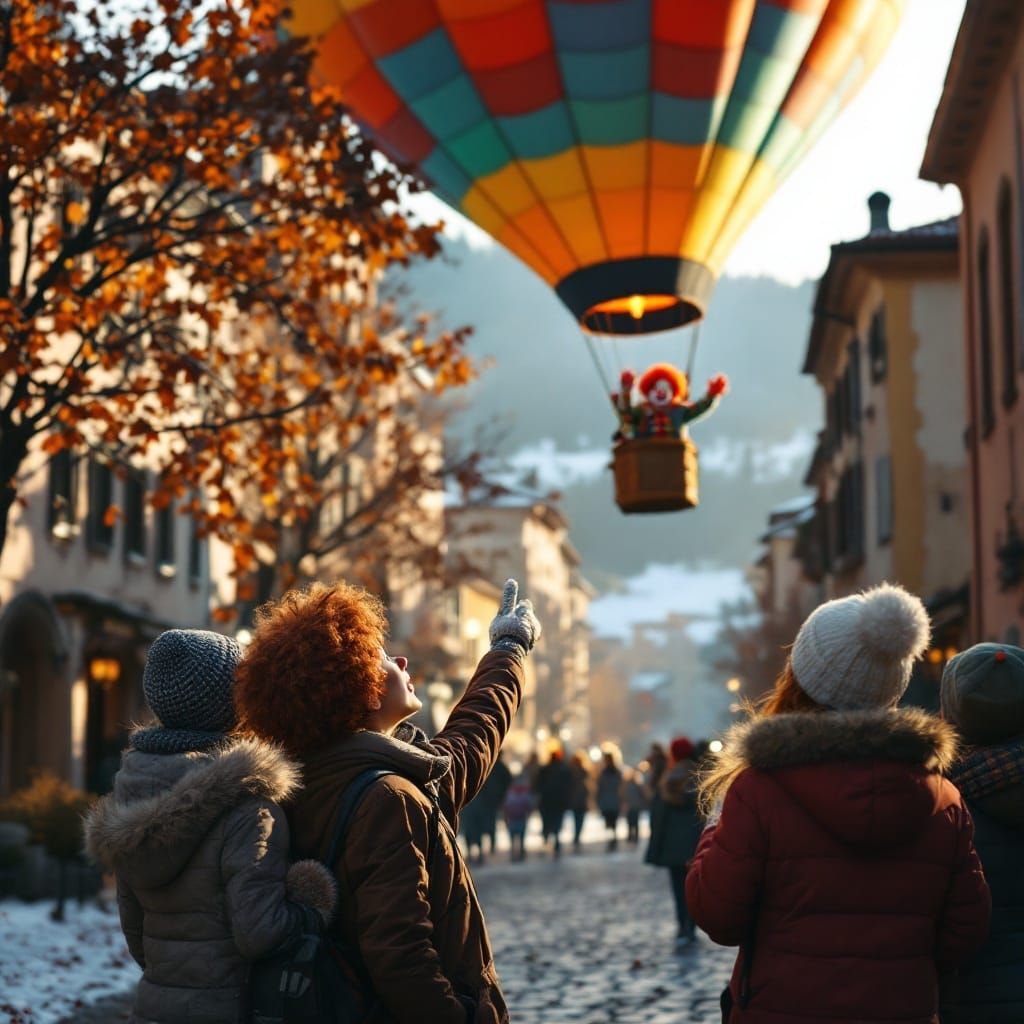 Children Gaze at Hot Air Balloon in Italian Square