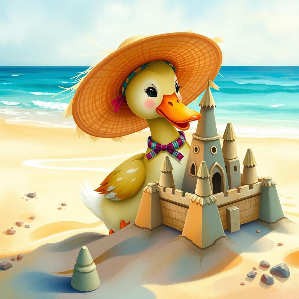 Duck Builds Sandcastle in Whimsical Watercolor Style