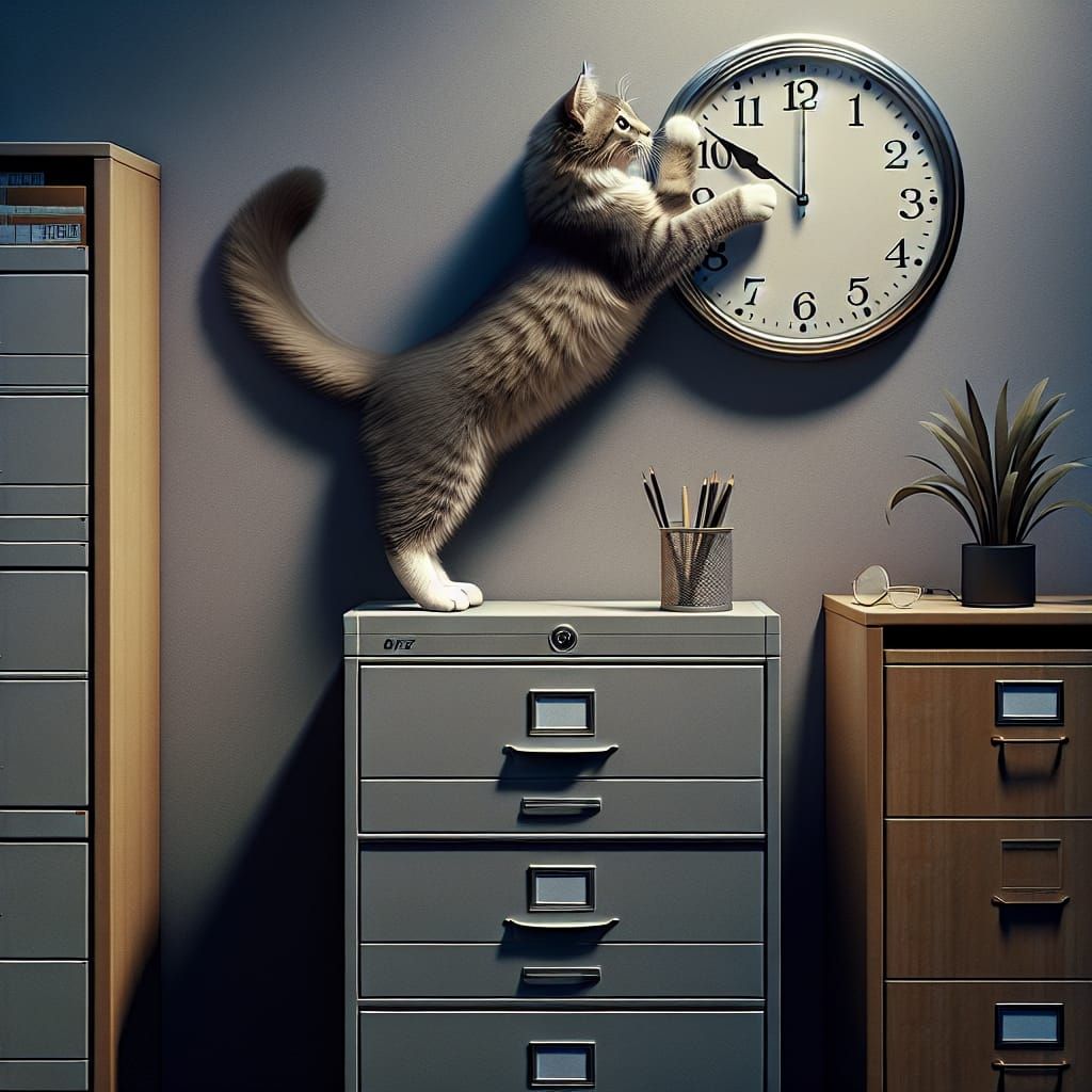 Cat Amusingly Adjusting Clock, Hyperrealistic 64MP