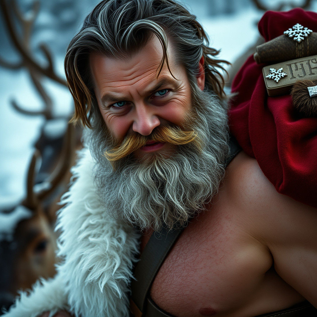 Hirsute Santa Claus in Leather Halter, Cinematic Style
