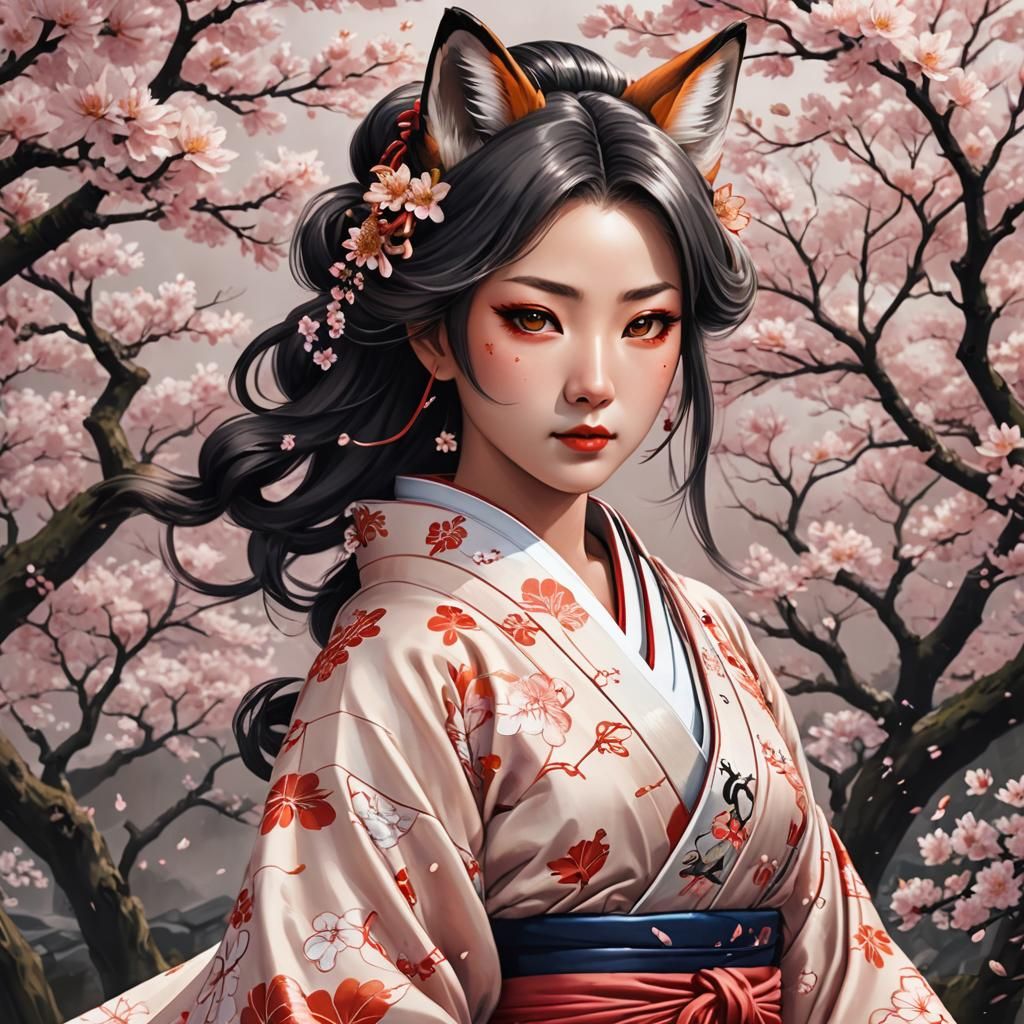 Kitsune Woman Portrait in Ukiyo-e Anime Style