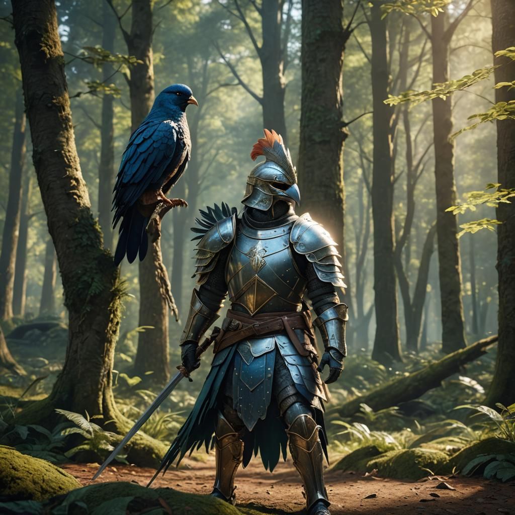 Bird Warrior in Forest, Photorealistic Fantasy Art