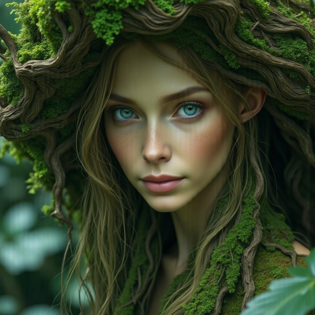 Forest Dryad with Kind Blue Eyes in Warm Light