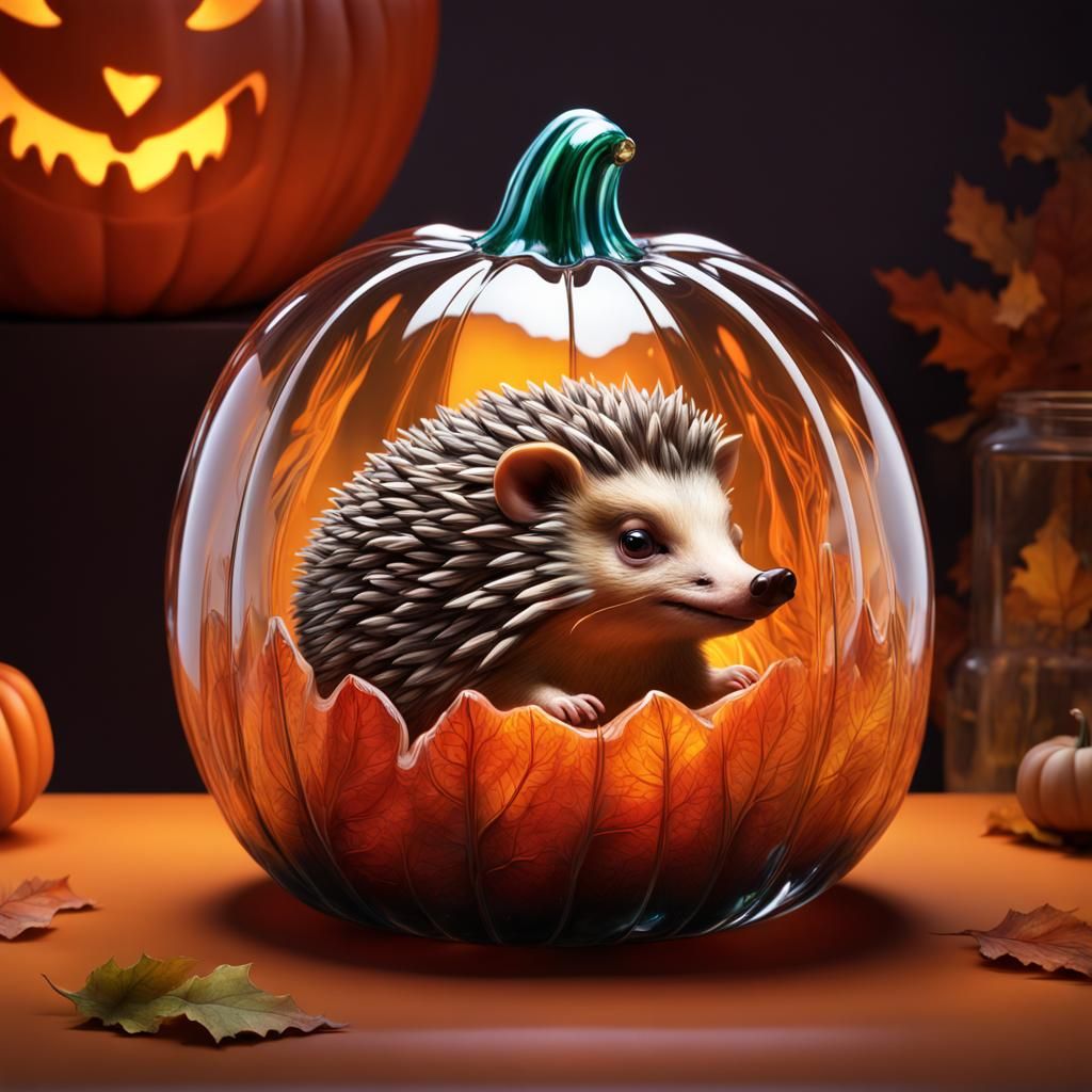 Hedgehog in Glass Pumpkin: Hyperrealistic Concept Art