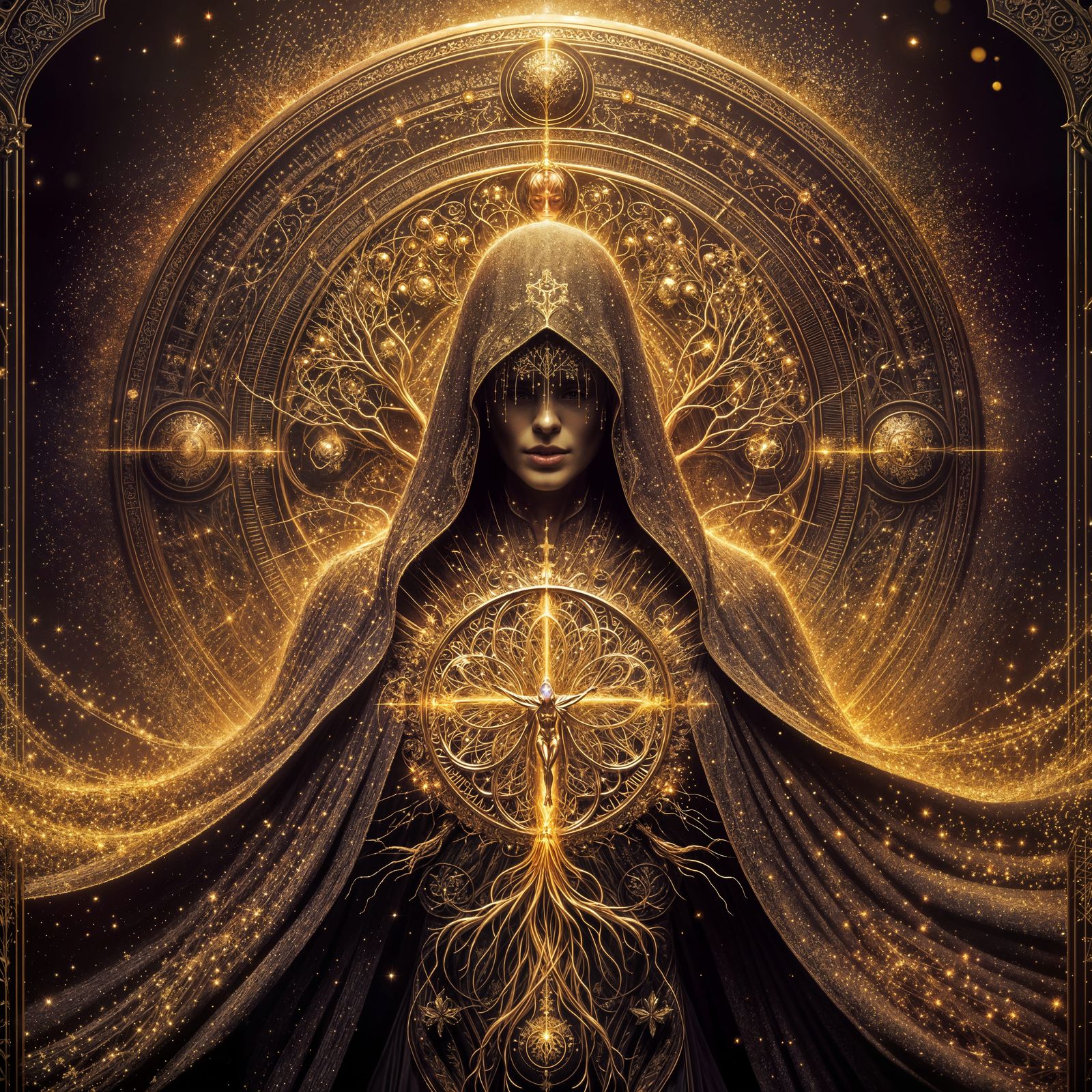 Glowing Female Figure in Golden Robes and Cape with Cosmic T...
