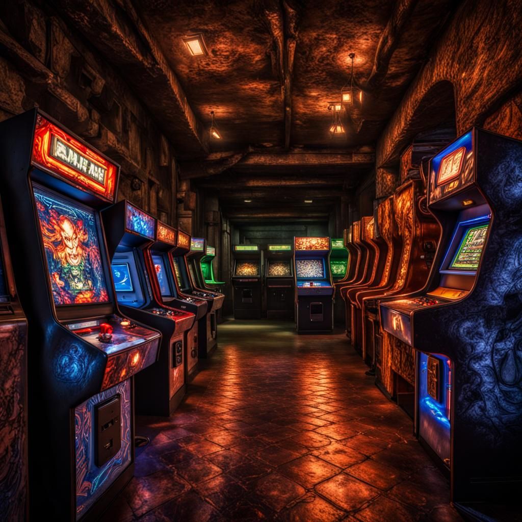 Arcade Machines in Hellish Dungeon: Hyperrealistic Image