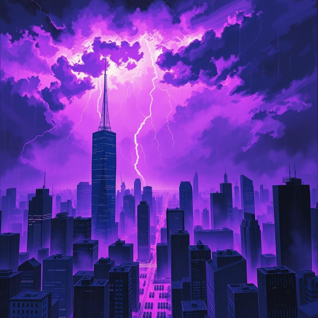 Purple Thunderstorm Over Futuristic Metropolis